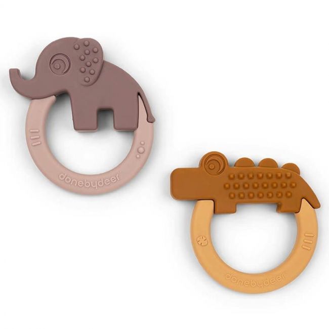 Set aus 2 Beißringen Elefant und Krokodil in Rosa und Senfgelb.