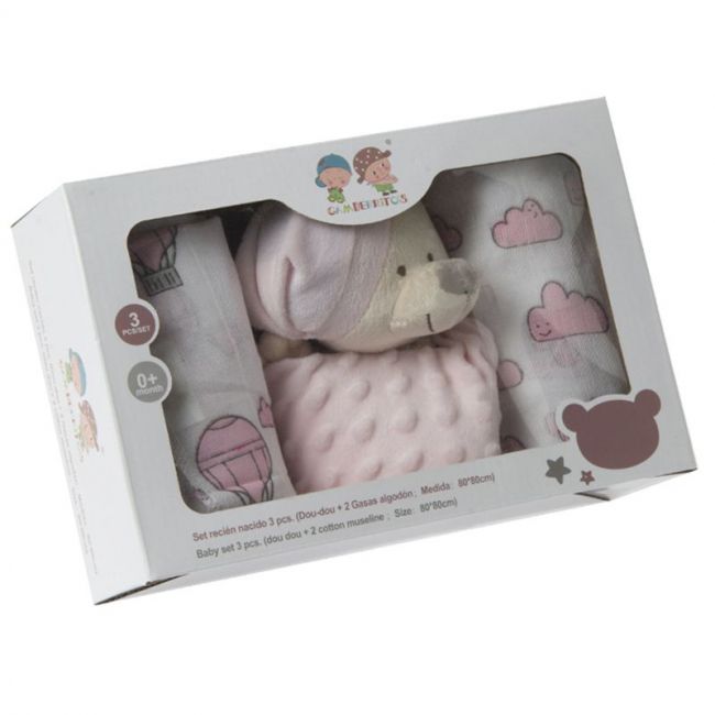 Gioco per bambini Doudou + 2 garze rosa