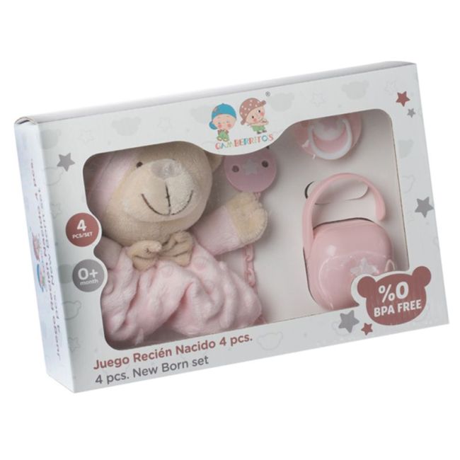 Baby-Spielzeug Doudou und Schnuller mit Zubehör Rosa 4-teilig