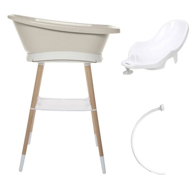 Ensemble Baignoire Sense LED Beige Salle de Bain + Siège + Tube + Support Blanc