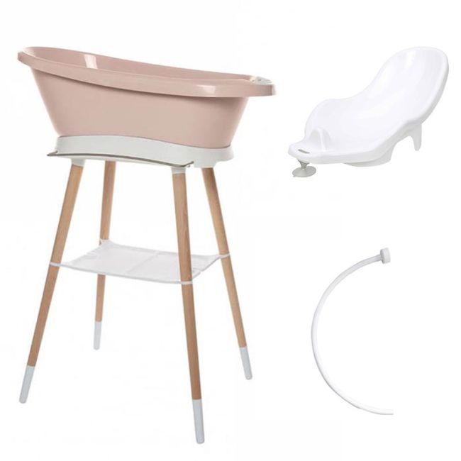 Ensemble Baignoire Sense LED Rose Pâle Salle de Bain + Siège + Tube + Support Blanc