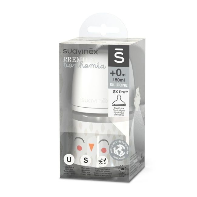 Biberon Bonhomía con tettarella fisiologica SX Pro in silicone a flusso lento da 150 ml.