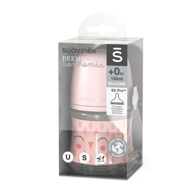 Biberon Bonhomía con tettarella fisiologica SX Pro in silicone a flusso lento da 150 ml rosa.