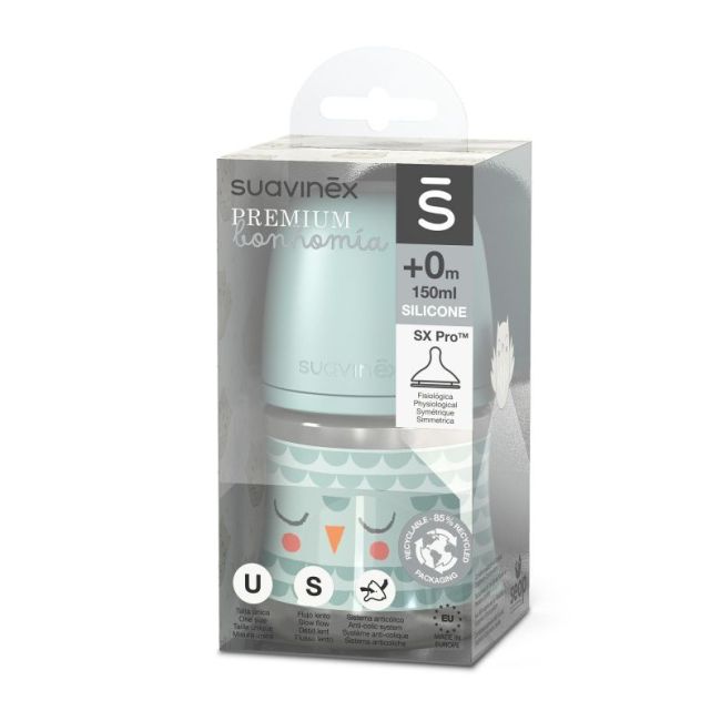 Biberon Bonhomía Tétine Physiologique SX Pro en Silicone Débit Lent 150ml Vert