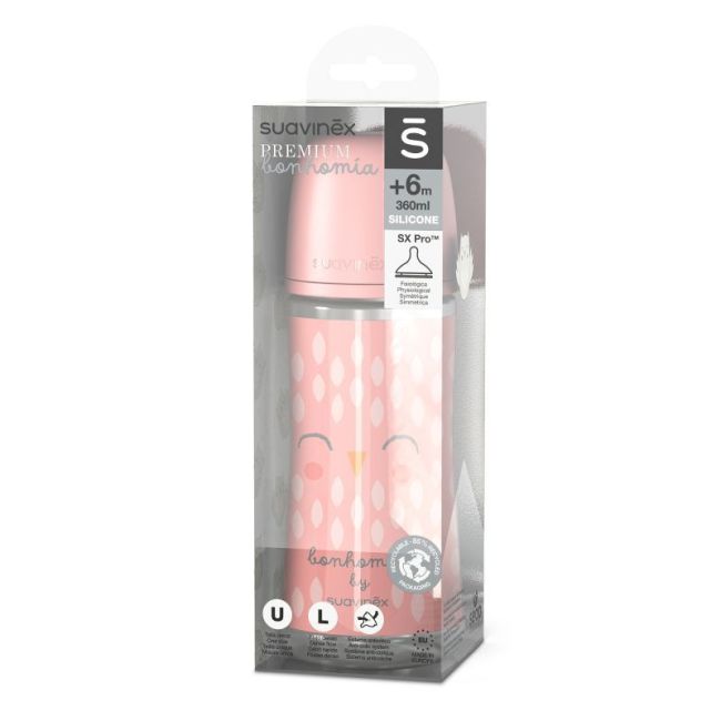 Biberon Bonhomia da 360 ml con tettarella SX Pro a flusso lento, colore rosa.