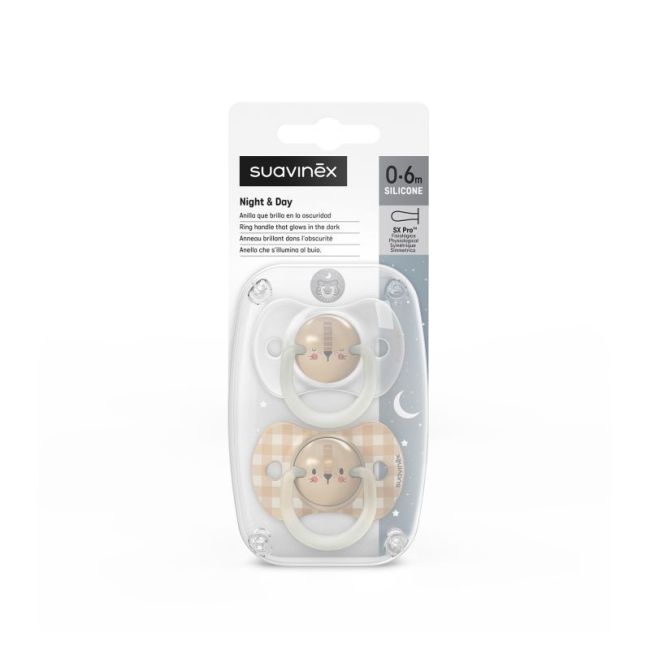 Ensemble de 2 sucettes Suavinex Nuit 0-6m Lion.